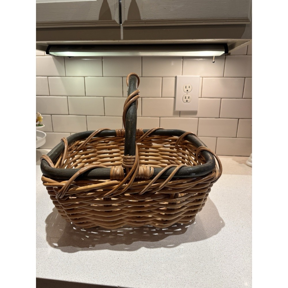 Vintage Hand Woven  Rattan Gathering Basket With Green Accent Color